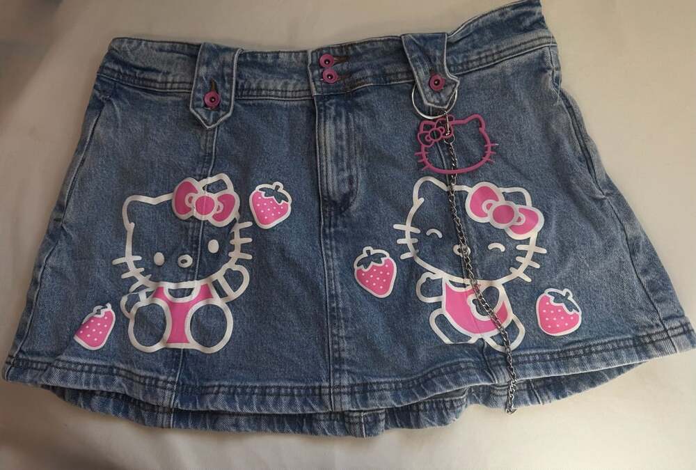 Hello Kitty Y2K Denim Mini Skirt Strawberry Charm Chain Sanrio XL